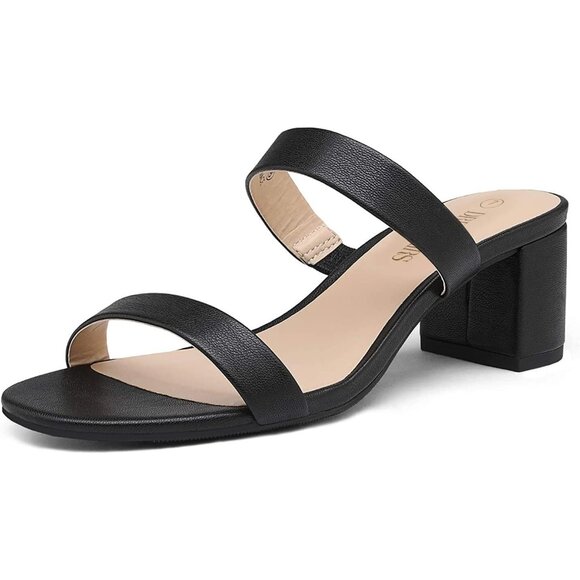 🆕Women Black PU Polyurethane Two Strap Open Toe Low Block Chunky Heel Sandals - Picture 1 of 8